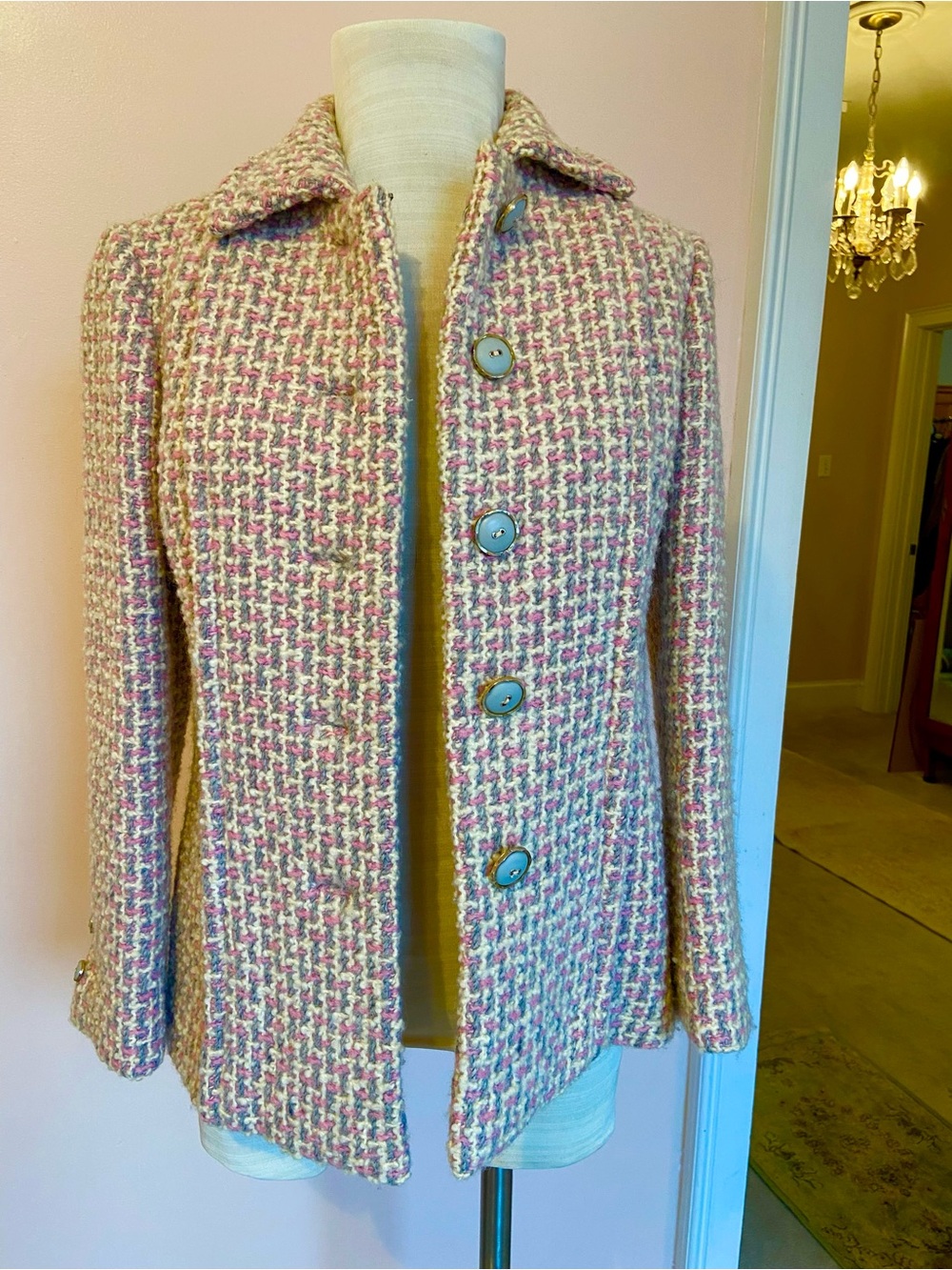 Vintage Custom Made Chanel Style Woven Tweed Button-Front Coat in Pink & Cream